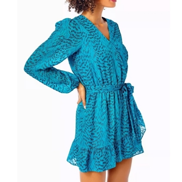 Lilly Pulitzer Alfie Silk Metallic Teal Bay Mini Dress Romper Long Sleeve Sz M - Picture 3 of 16